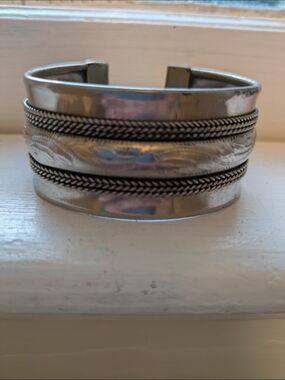 Silver-Tone Wide Cuff Bracelet with Braided Detail